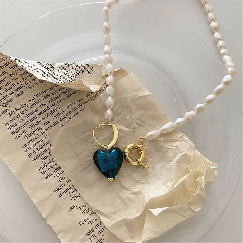 GHIDBK Baroque Natural Freshwater Pearls Glass Blue Heart Pendant Chokers Necklaces Handmade Statement Street Style Necklace