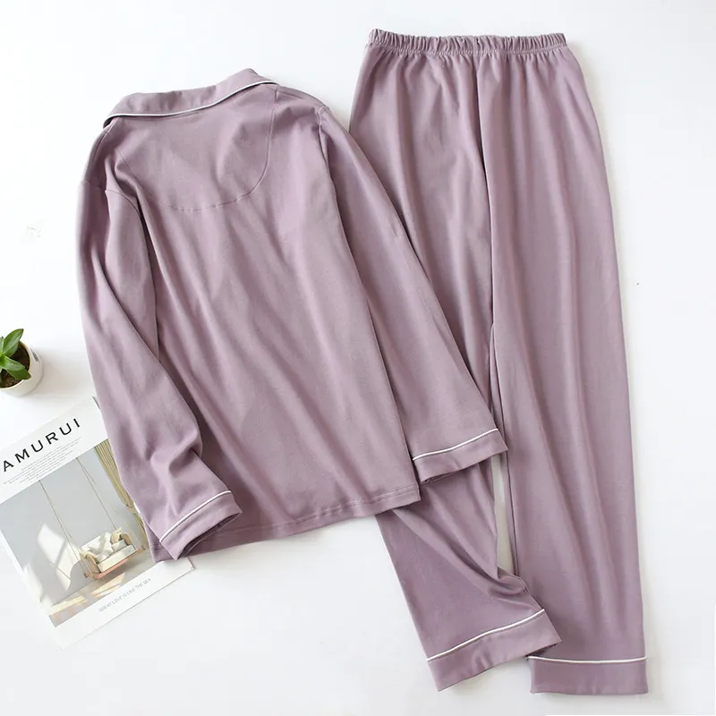 Solid Couple Pajama Sets Cotton Long Sleeve Pajamas Men Oversize Casual Mens Sleepwear Breathable Women Nightgown Home Clothes 210524