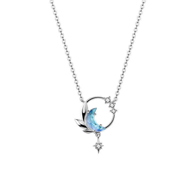 Thaya Real 925 Silver Neck45cm Crescent Necklace Pendant Zirconia Light Blue for Women Elegant Fine Jewelry Gift 210621268U