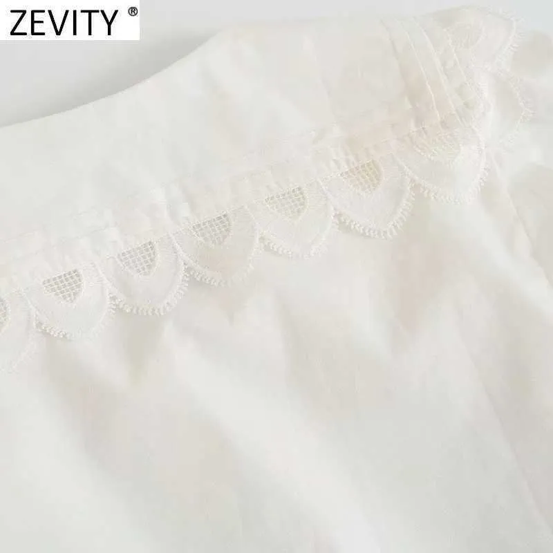 Zevity Women Sweet Lace Stitch Big Town Down Collarカジュアルスモックブラウス女性半袖Poplin ShirtシックBlusas Tops LS9261 210603