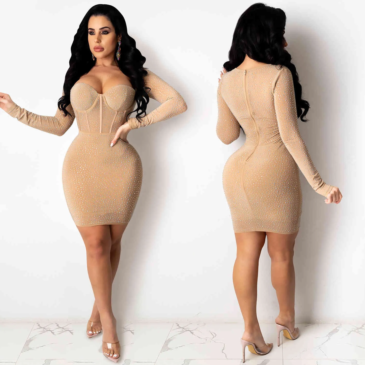 Crystal Bodycon Dress Women Party Mini New Arrivals Long Sleeve Celebrity Evening Club 210422