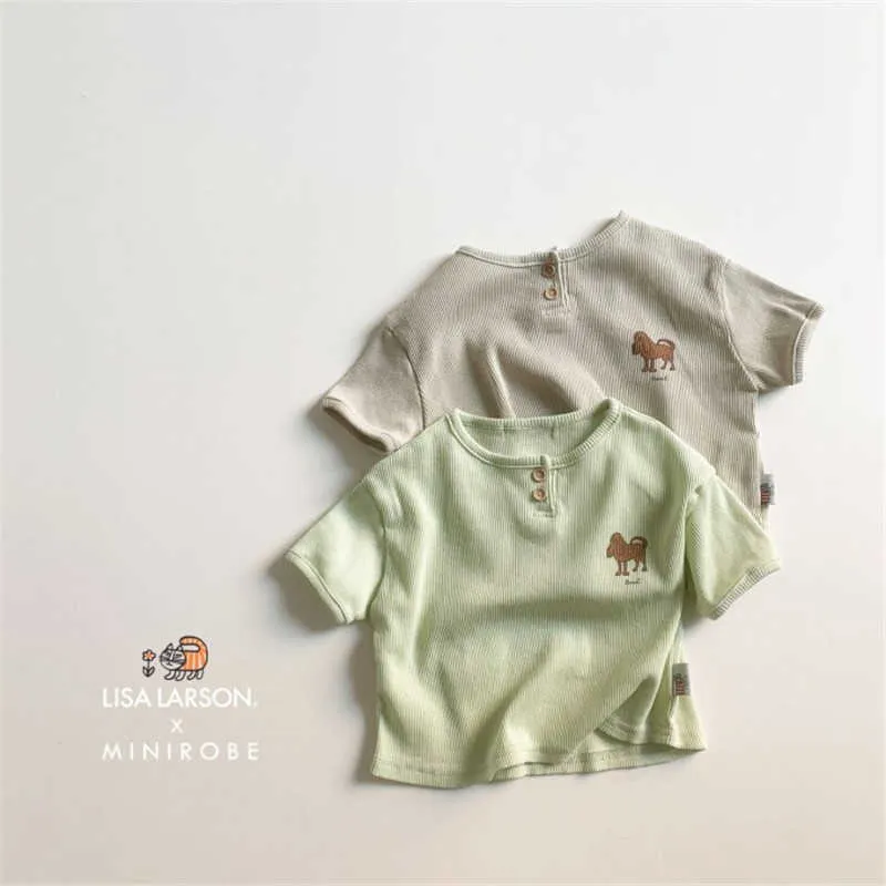 유아 소년 소녀 짧은 소매 티셔츠 슈퍼 귀여운 Kawaii 개 만화 패턴 느슨한 tshirts 녹색 회색 아기 옷 210619