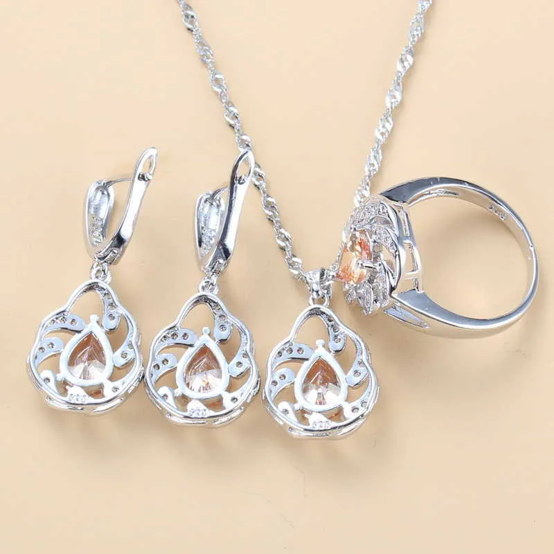 Unique Champagne CZ Water Drop Vintage Costume Silver Color 10-Color Women Jewelry Sets Dangle Earrings Bracelet Ring H1022