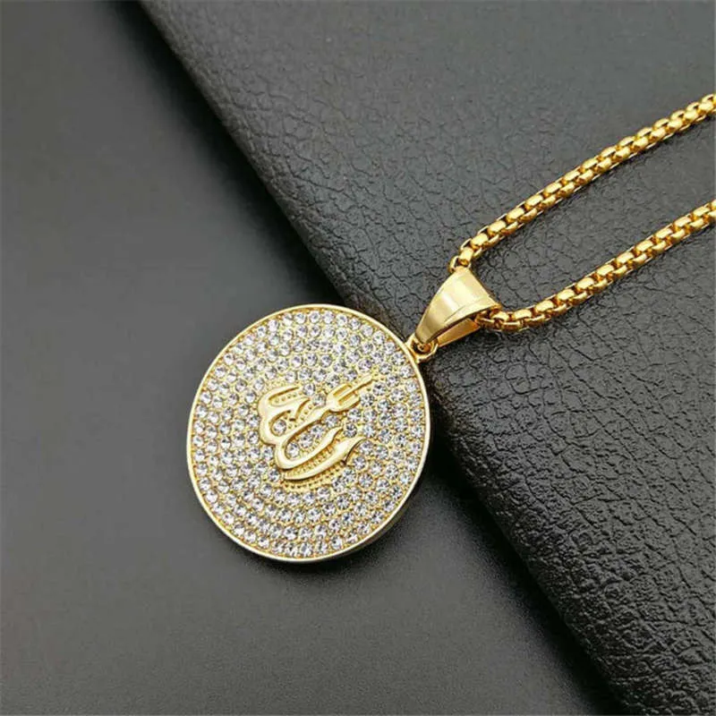 Hip Hop Iced Out Ronde Hanger Ketting Rvs Islam Moslim Arabisch Goud Kleur Gebed Sieraden Drop 210929294e4858813