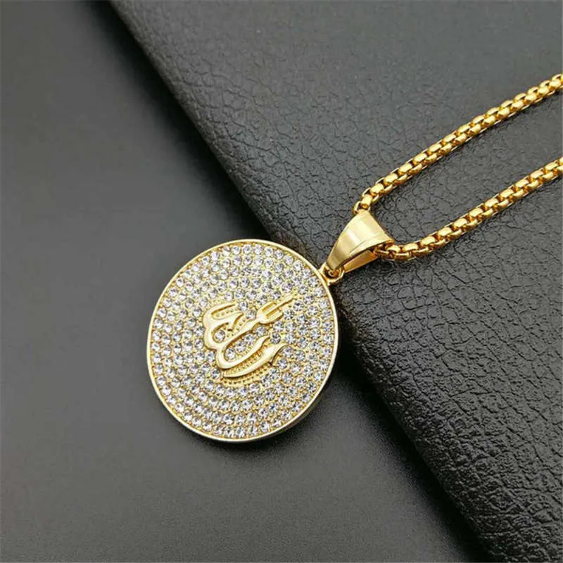 Hip Hop lodowany okrągły naszyjnik wisiorek ze stali nierdzewnej Islam Muzułmańska arabska złota kolor biżuterii modlitewna 210929294E8859085