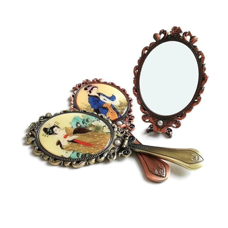 Hand-held Makeup Mirrors Romantic Vintage Hand Hold Mirror Oval Cosmetic Hands Held Tool With Handle For Women T2I53061