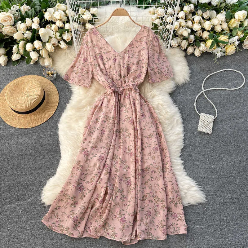 Sommer Mode Frauen Süße Chiffon Print V-ausschnitt Kordelzug Kurze Flare Hülse Dünnes Kleid Vestidos R478 210527