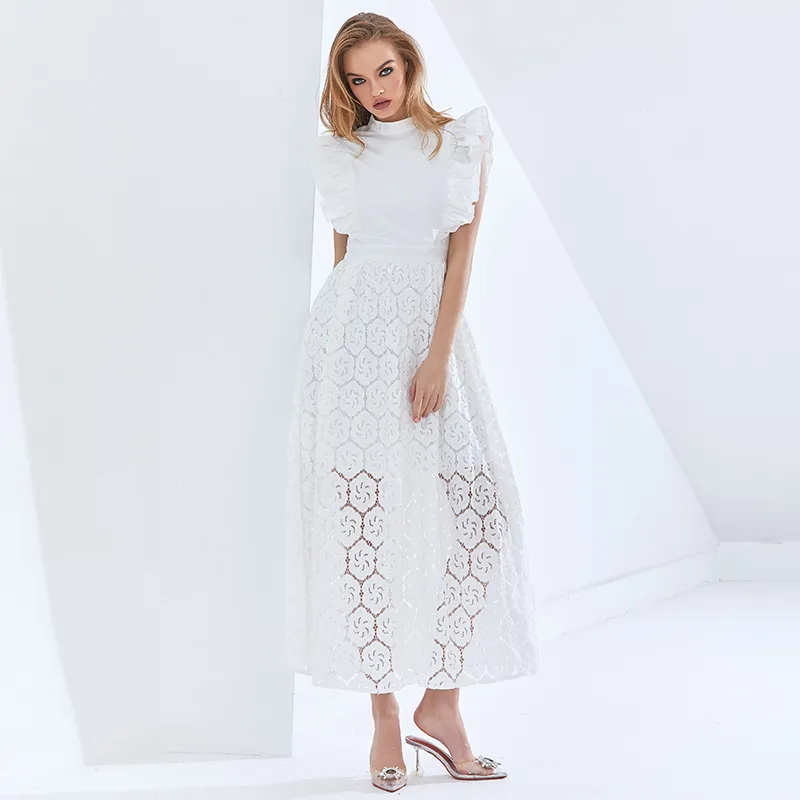 Blanc évider femmes robe col montant à manches courtes taille haute robes élégantes femme automne vêtements 210520