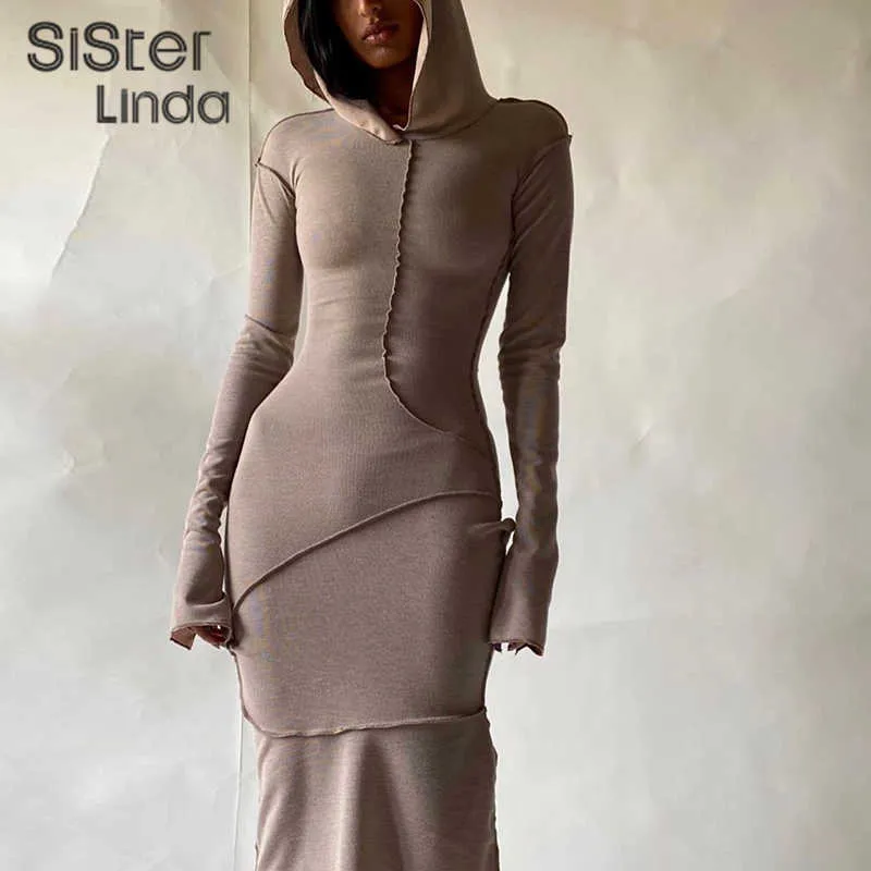 SisterLinda verão moda com capuz maxi vestidos para mulheres manga longa patchwork rua streetwear roupas senhora bodycon vestido 2021 novo y1006