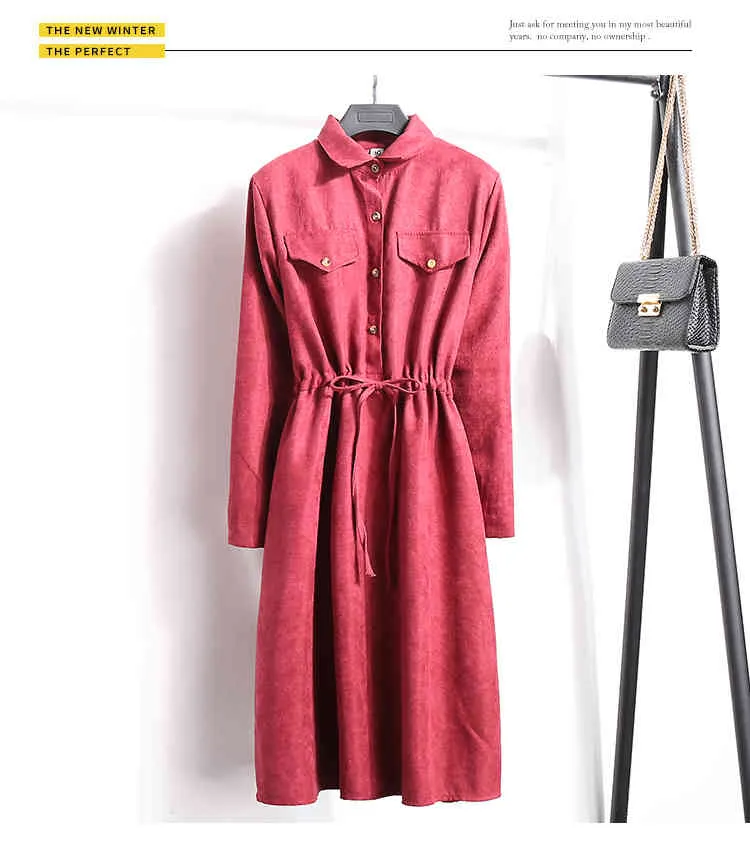 Vrouwen jurk herfst winter mode elastische taille lange mouw vintage soild losse a-lijn jurken casual vestidos 210423