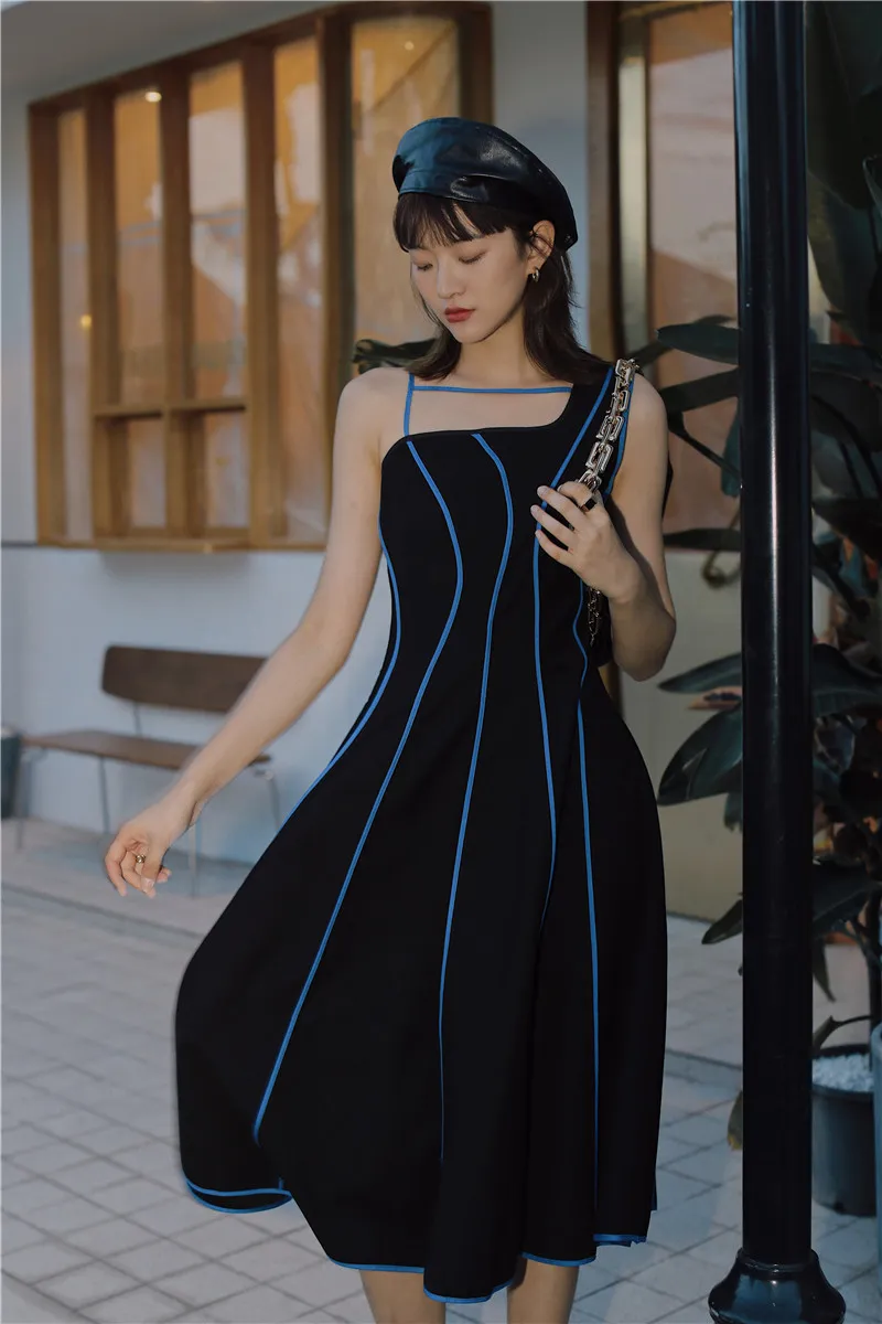 Une Épaule Une Ligne Tunique Robe Femmes Noir Bleu Rayé Long Midi Designer D'été De Mode Vêtements 210427