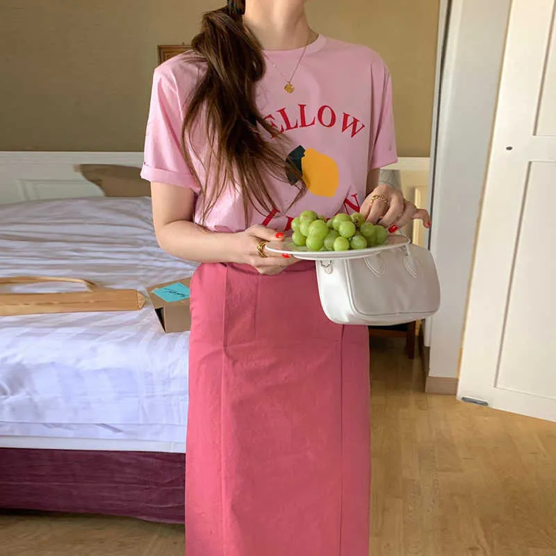 Korjpaa Kvinnor Sommar Koreanska Chic Åldersreducering Lemon Brev Tryckt Kortärmad T-shirt Högt midja Straight Kjolar 210526