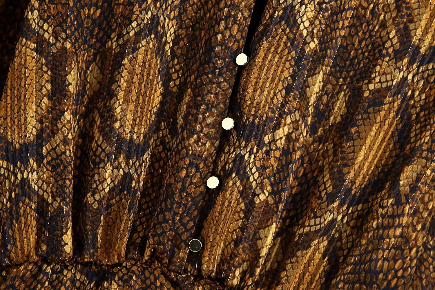 Foridol Yılan Baskı Altın Bodycon Parti Elbise Kadın Fırfır Dantel Düğme Bayanlar Kısa Elbise Fener Kol Vintage Kış Elbise 210415