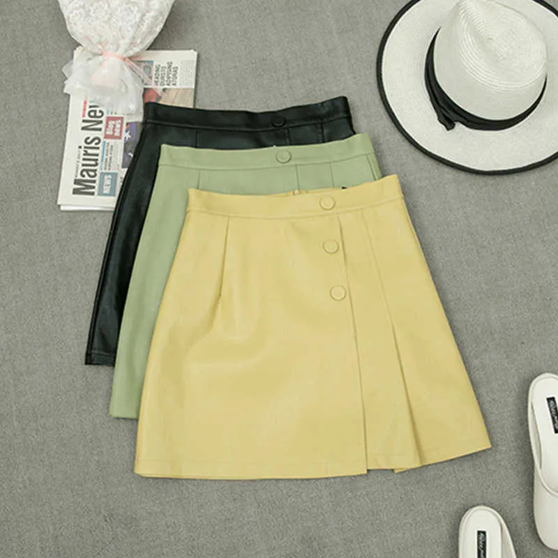 LY VAREY LIN Autumn Winter Women High Waist Pleated Mini Soft PU Leather Skirt Sexy Solid A Line Faux 210526