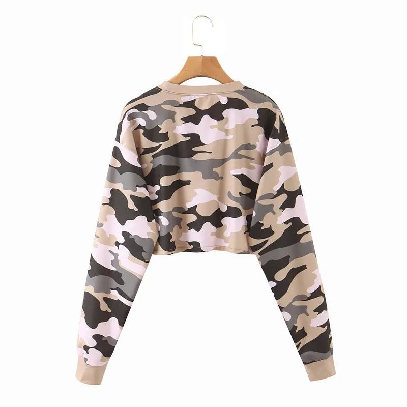 HSA Women T-Shirts Camouflage Print Hoodies Loose O-Neck Long Sleeve Pullover Sweatshirt Female Casual Short style Sweatshi 210417