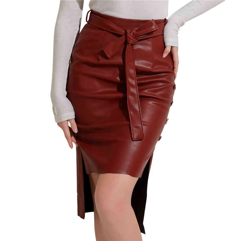 2021 Women's Bodycon Skirts Black Sexy Ladies Solid PU Leather Slim Skirts High Waist Pack Hip Skirts Split Fork High Quality X0428