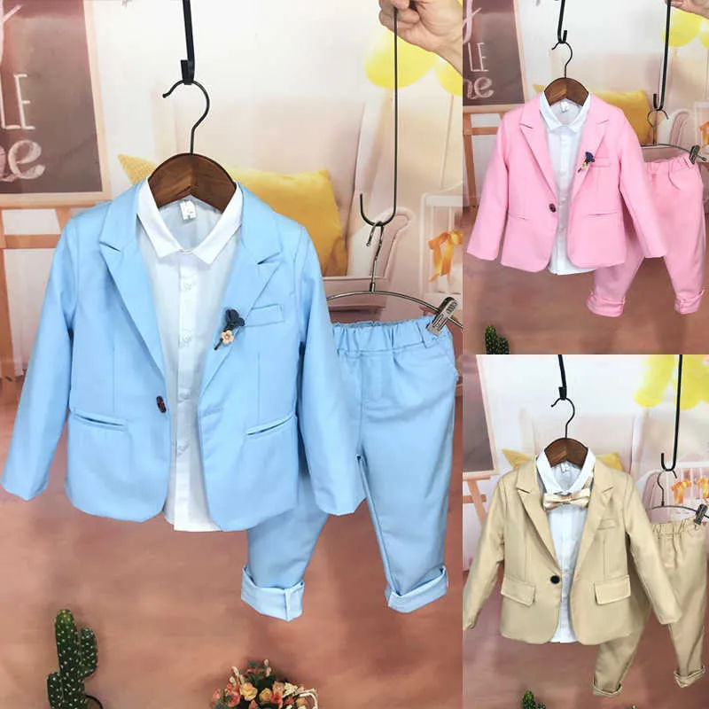 2021 Nova Moda Crianças Pink Wedding Blazer Terno Marca Forma Formal Smoking School Terno Criança Primavera Blue Roupas Sets, B122 x0802
