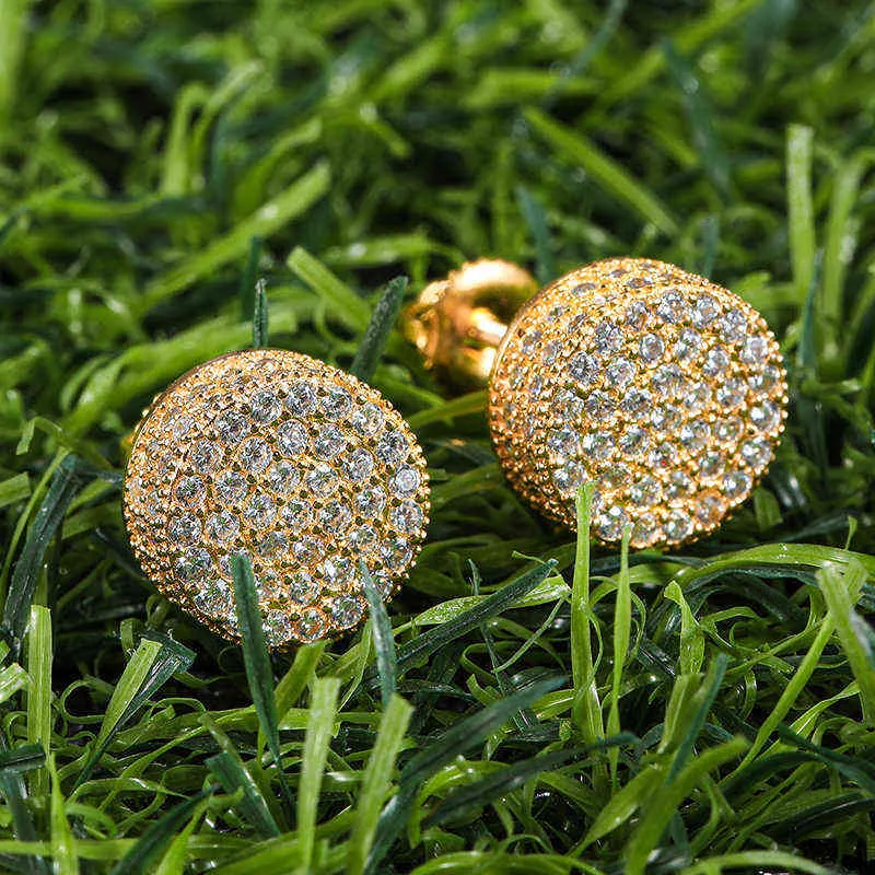 Hip HOP Micro Full Paved Round Zircon CZ Stone Bling Iced Out Stud Earring Copper Earrings For Men Jewelry 220125