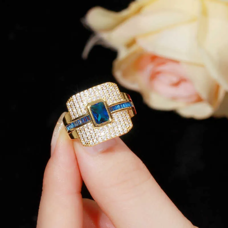 Monaco Luxury 585 Yellow Gold Green CZ Promise Ring for Women Wedding Engagement Dubai Punk Bridal Finger Rings R148 210714