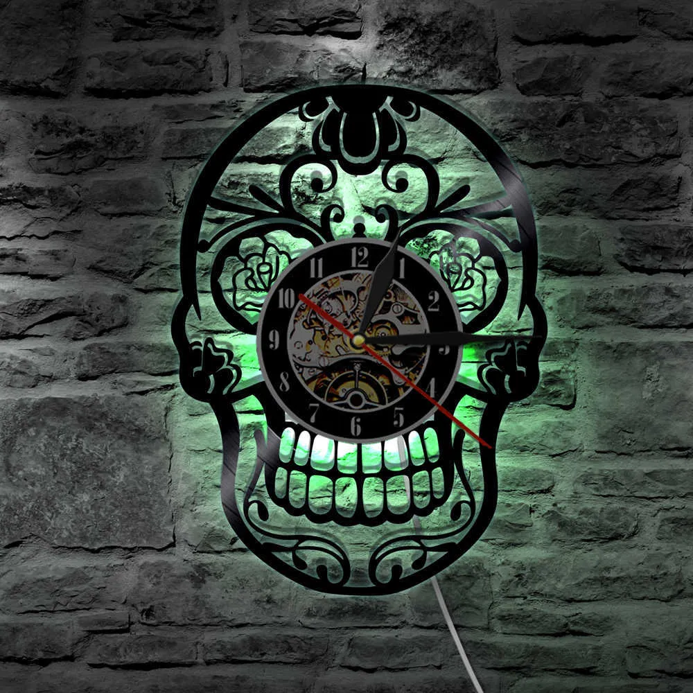 The Day of Dead Dia De Los Muerte Messican Record Wall orologio con illuminazione a LED Orologio da cranio gotico decorazioni la casa x07266019487