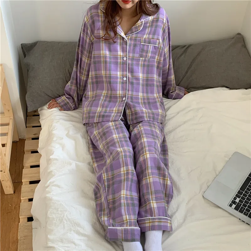 All Match Damen Mädchen Plaid Homewear Sweet Chic Zweiteiliger Anzug Stilvolle lose Nachtwäsche Casual Pyjamas Sets 210525
