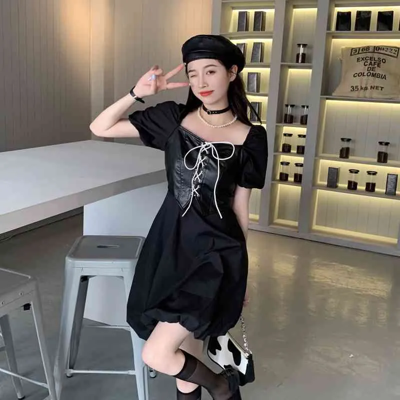 Ezgaga Chic Frauen Kleid Gefälschte Zwei Stück Bandage Patchwork Koreanische Mode Sommer Neue A-Line Kurzarm Schlanke Taille Kleider 210430