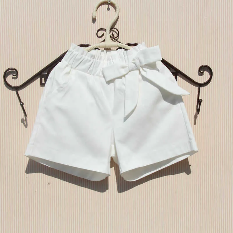 Sommar baby flicka shorts bomull lösa byxor solid färg strand söt båge för tonåring toddler kläder 4 8 12 16t 210723