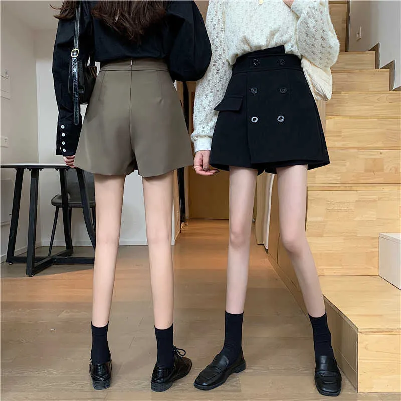 Slim A Line Khaki High Waist Double Breasted Irregular Fake Two-piece Skirts Women Shorts Black Mujer Faldas Street Safari 210610