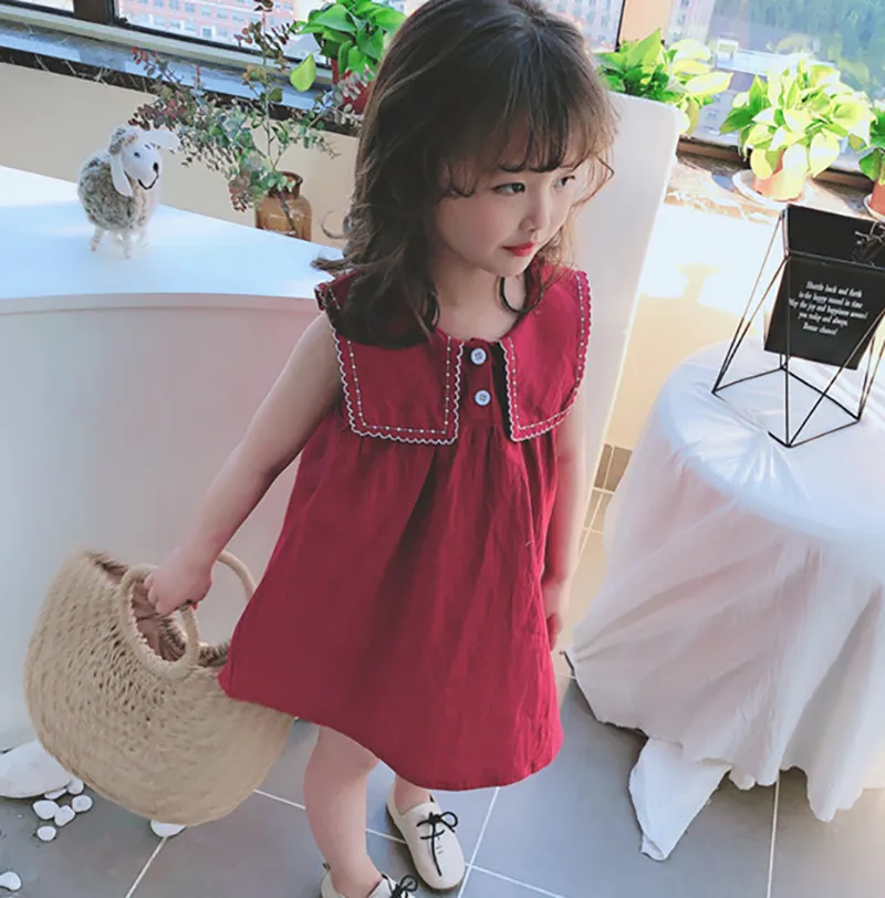 Bez rękawów Cute Summer Girls Sukienki Ubrania Dziecko Moda Loose Princess Casual Collar Dzieci 210515