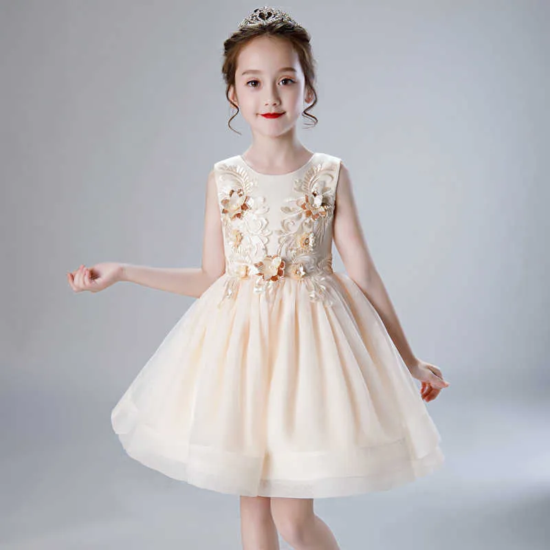 Kids Elegant Princess Costume for Wedding Girls Beautiful Flowers Embroidery Tutu Dress Vestido Elder Champagne 210529