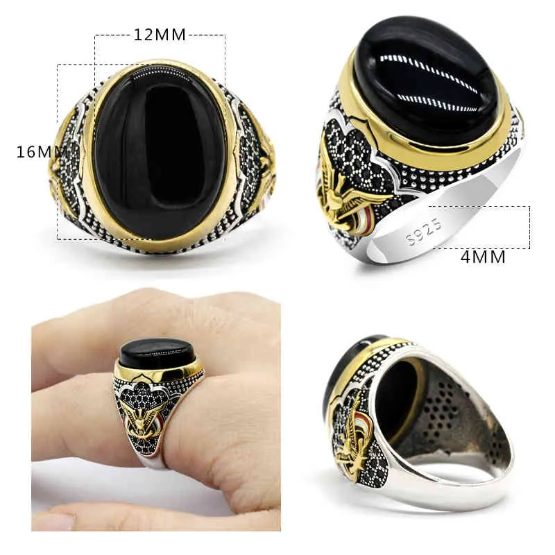Męski 925 Sterling Oval Black Natural Agate Pierścień, znak pokoju, Męski Tajski Srebrna Biżuteria Turecka