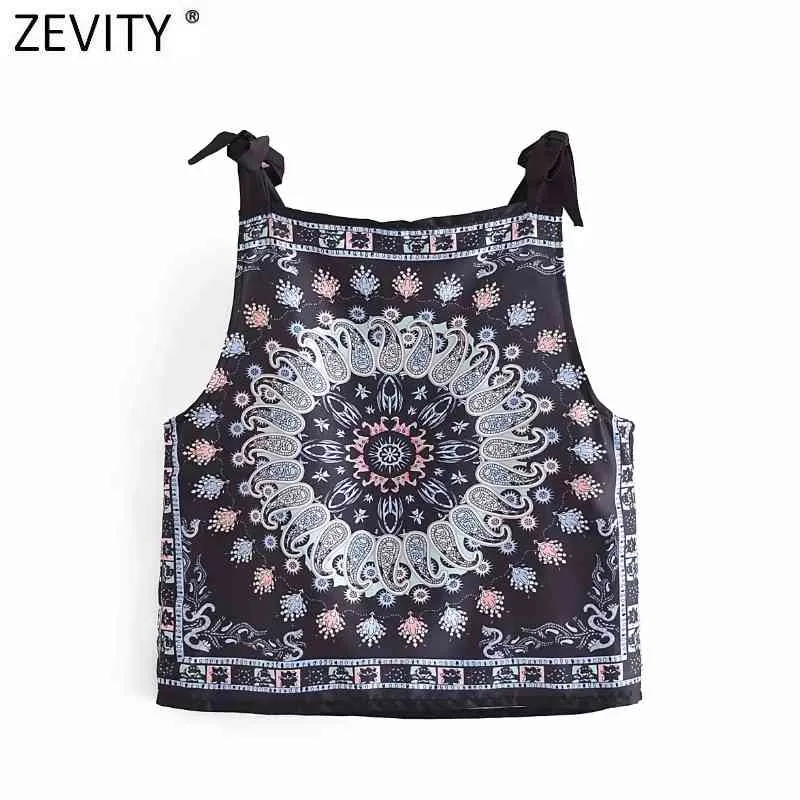 Women India Folk Position Totem Floral Print Chic Sling Camis Tank Ladies Summer Bowknot Strap Vest Crop Tops LS9263 210420