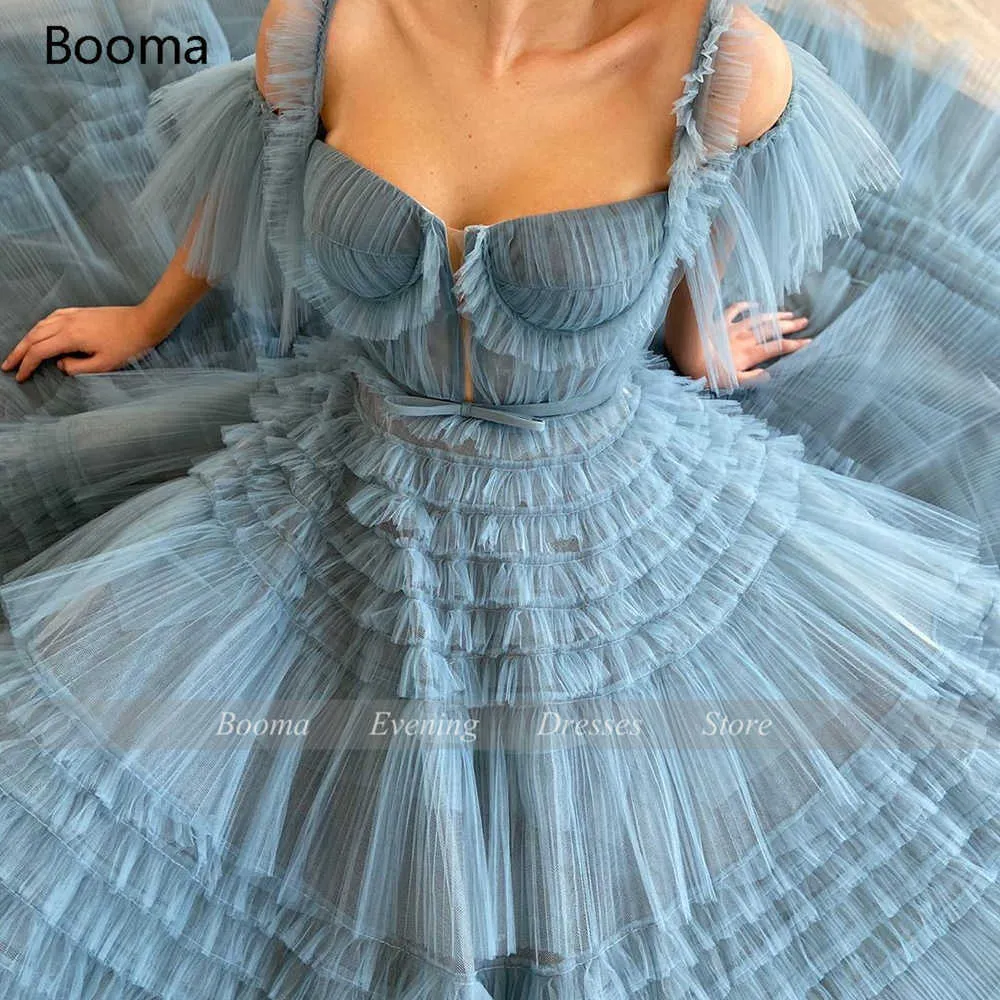 Boom Blue Long Prom Dresses Sweetheart Crumpled Tule Ruffles Avondjurken Off Shoulder Tiered A-Line Party Jurken Bow Belt 210719