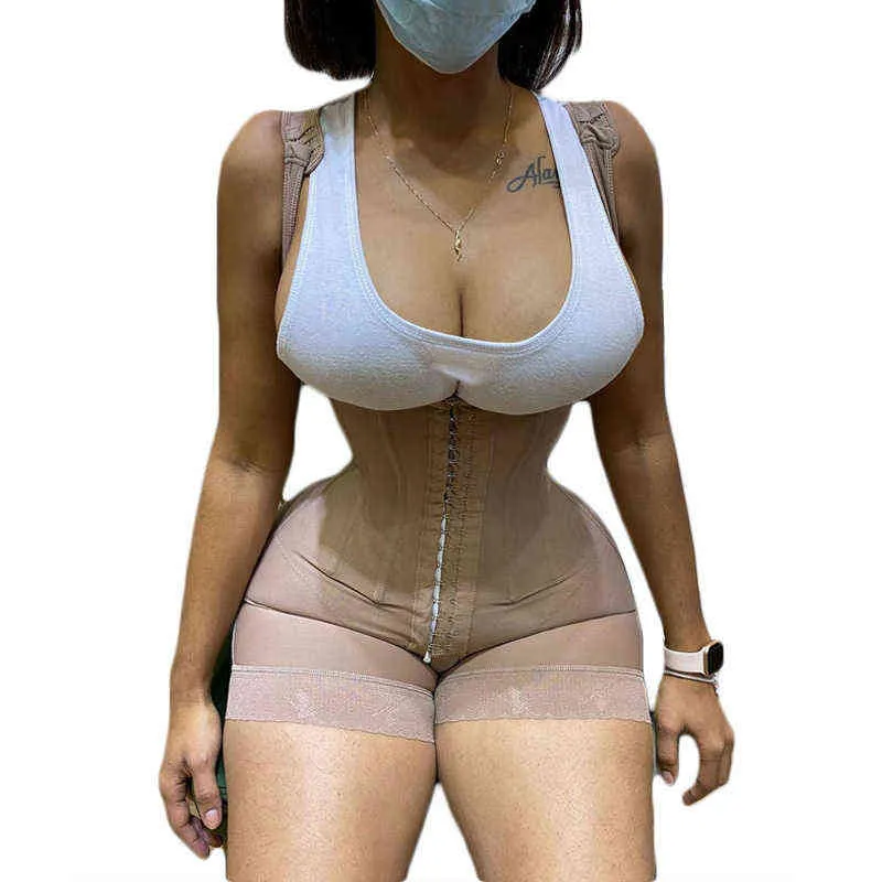 Modelador de corpo inteiro feminino com controle de barriga ajustável na virilha busto aberto Kim Fajas Colombianas compressão pós-cirurgia 220112