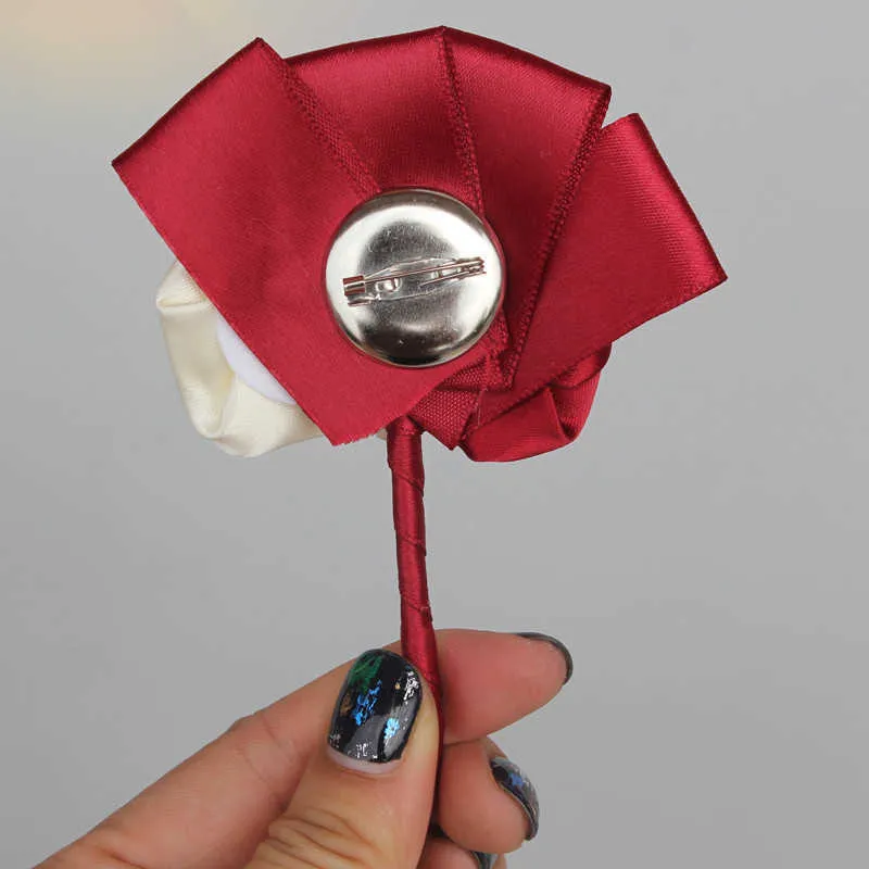 Mejor hombre novio boutonniere marfil vino rojo satinado rosa flor ramillete boda fiesta fiesta traje broche flores de novia xh1317-5 y0630