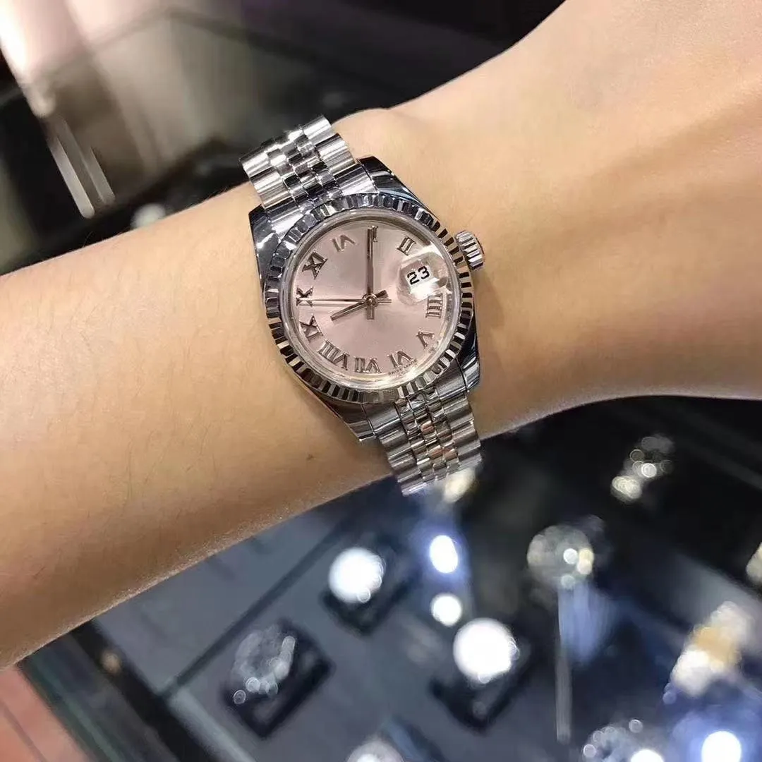 Hoge kwaliteit diamant mode roségoud dames dress watch 28 mm mechanische automatische dameshorloges roestvrijstalen band bra210g