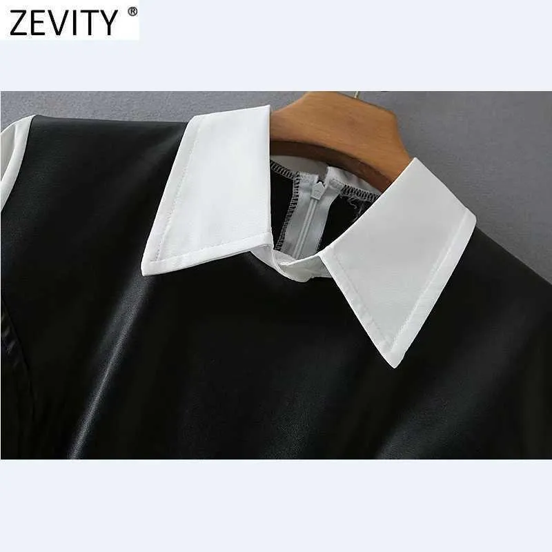 Zevity Women Vintage Turn Down Collar Faux Leather Patchwork Pleats Dress Female Long Sleeve Back Zipper Ruffles Vestido DS4987 210603