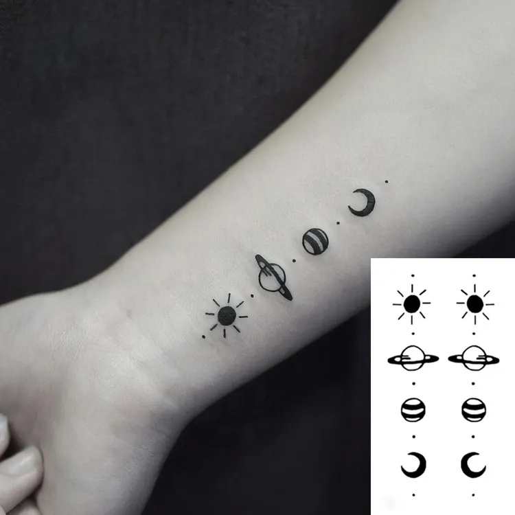 Petit tatouage Flsah Tatoo autocollant étanche Body Art noir et blanc dessin planète soleil lune étoile transfert d'eau temporaire faux tatouages