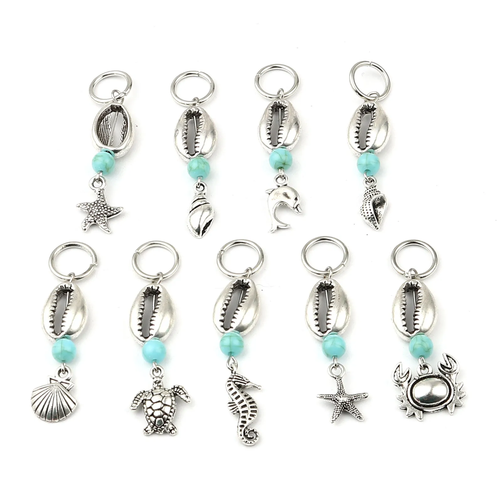 Stickning Stitch markörer 10 st Vintage Acrylic Ocean Cyan Conch Sea Snail Shell Smycken Antik Silver Färg för Kintting Tools