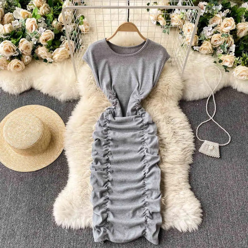 SINGREINY Women Sexy Sleeveless Dress Elegant Solid O Neck Slim Office Dresses Summer Korean Ruched Streetwear Short Dress 210419