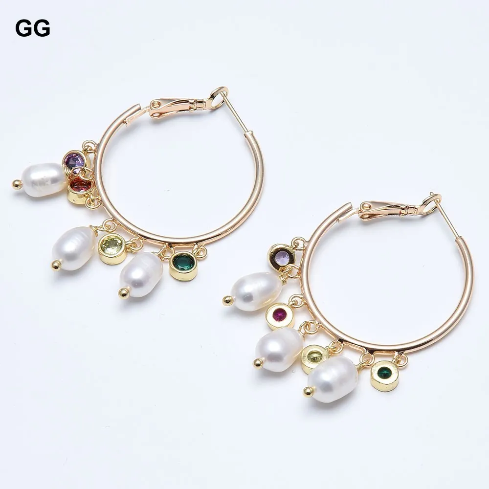 GuaiGuai bijoux naturel blanc perle de riz coloré CZ cristal plaqué or grand cercle boucles d'oreilles à la main pour les femmes