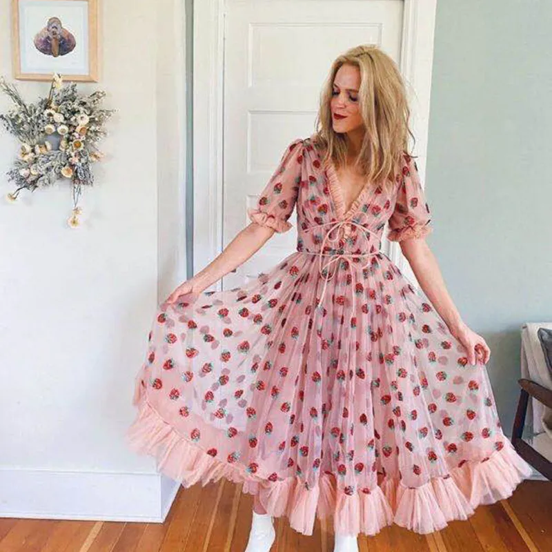 Sweet Girl Summer Dresses Vintage manica corta profondo scollo a V A-Line Midi abbigliamento donna arrivo all'ingrosso 210525