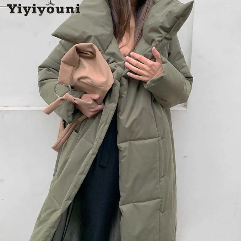 Yiyiyouni المتضخم سميكة طويلة سترة الصلبة كم زر جيوب سترة الإناث عارضة معطف الشتاء مستقيم سيدة 210910
