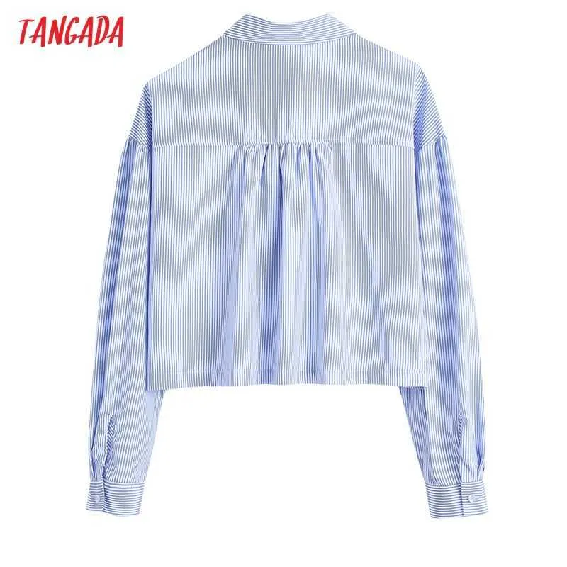 Tangada Femmes Bleu Rayé Surdimensionné Chemises À Manches Longues Poche Dames High Street Blouses Top CE239 210609