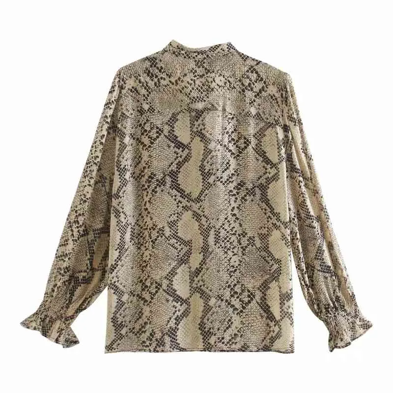 Top Women Animal Print Shirt Woman V-neck Bow Tied Long Sleeve Elastic Ruffled Cuffs Vintage Casual Loose Laddies Blouse 210519