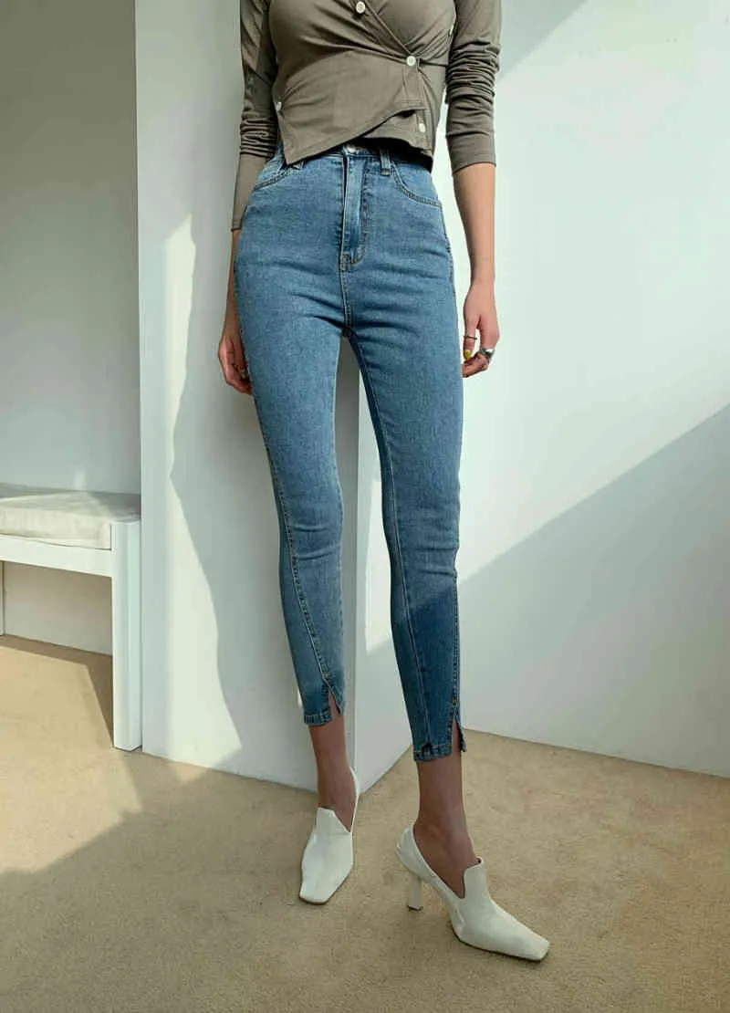 Hohe Taille Stretch Skinny Frauen Jeans Hosen Split Manschette Weibliche Bleistift Streetwear Denim Hosen 752A 210420