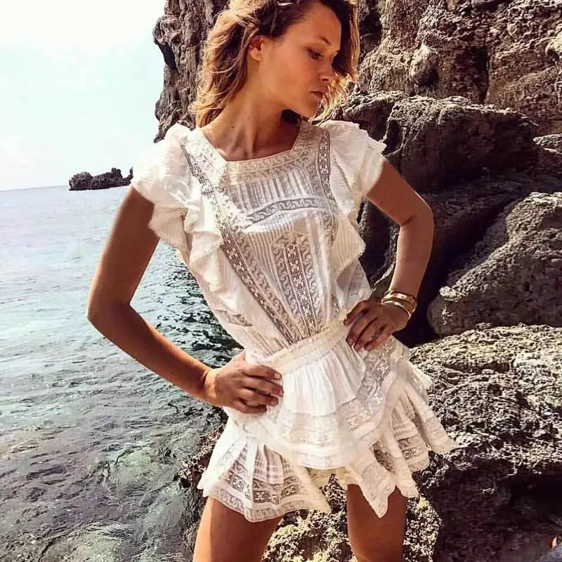 INSPIRED White ruffled Women tiered mini Summer square neck cute ladies party chic fashion dress 210412