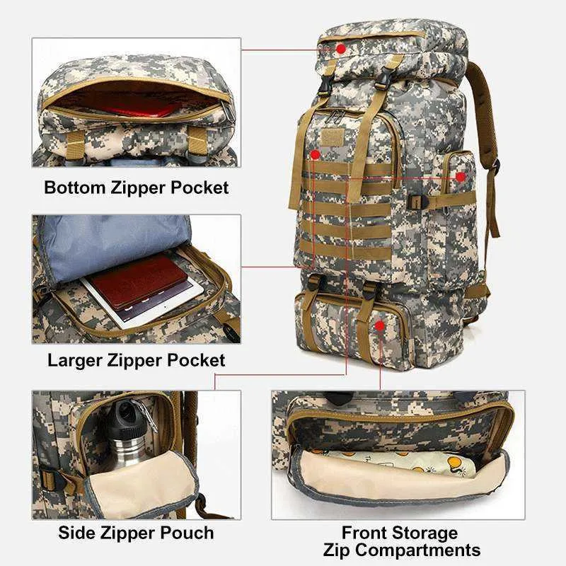 80L Nylon Wody Dowód Camping Oxford Tkanina Torba Odkryty Plecak Wojskowy Tactical Army Plecak na zewnątrz Wspinaczka turystyka 72x34x17cm