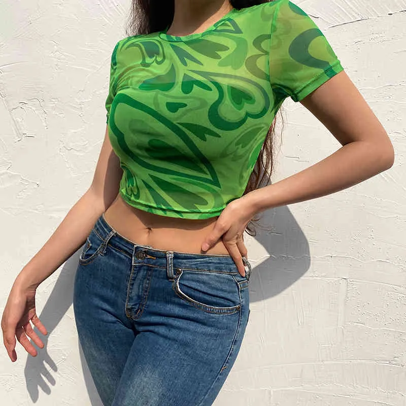 Green Kawaii Heart Printed See Through Mesh Summer Korean Fashion Short Sleeve Women's T-Shirt For Girls Sweet Y2k Crop Top 210510