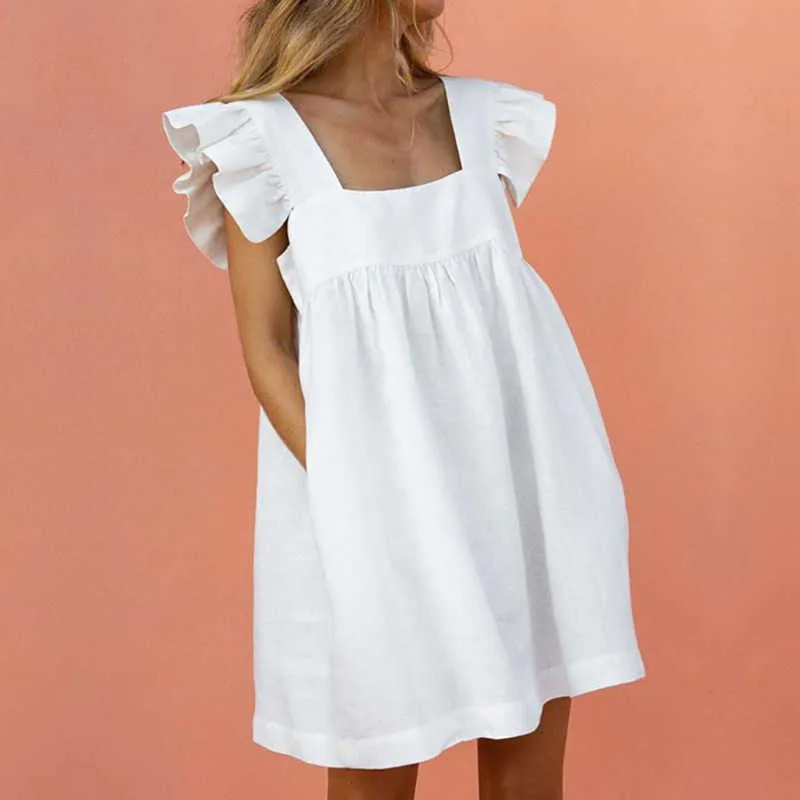 Kvinnor Ruffled Mini Dress Sommar Söt Square Collar Pocket Klänningar Elegant Butterfly Sleeve Beach Party Kvinna Klänningar Vestidos X0629